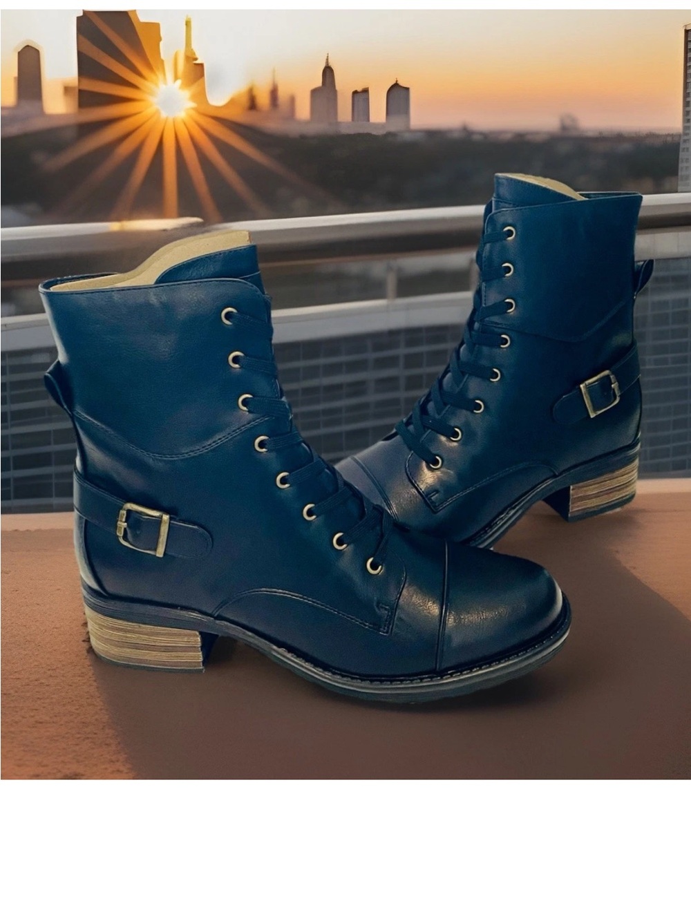 New Indigo Rd Stack Heel Combat Boots Waffle Sole Black Sz 9.5 M Jovanie Shoes